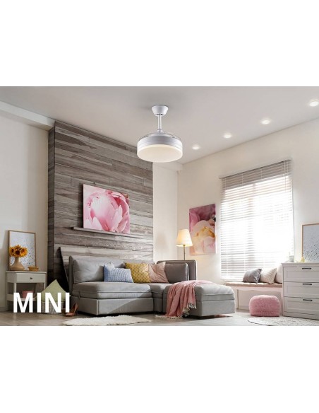 VENTILADOR MINI DE TETO SCHULLER VENTO 40/90 cm. Lâminas retráteis. Branco.