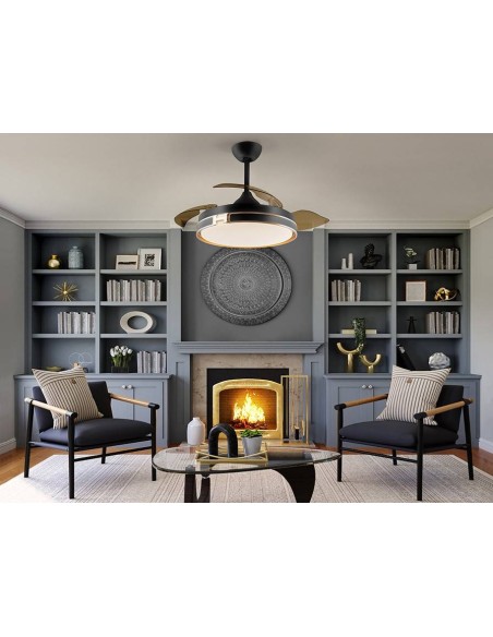 VENTILADOR DE TETO SCHULLER HERON 107. Lâminas retráteis. PRETO E DOURADO