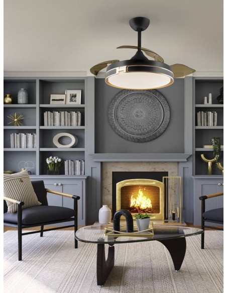 VENTILADOR DE TETO SCHULLER HERON 107. Lâminas retráteis. PRETO E DOURADO