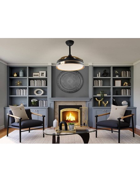 VENTILADOR DE TETO SCHULLER HERON 107. Lâminas retráteis. PRETO E DOURADO