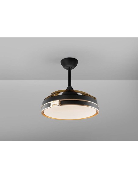 VENTILADOR DE TETO SCHULLER HERON 107. Lâminas retráteis. PRETO E DOURADO
