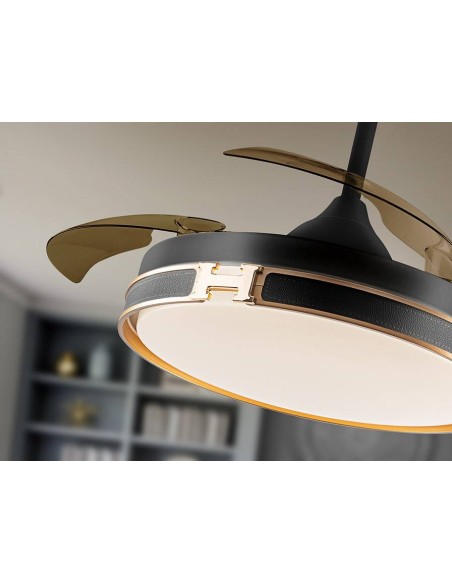 VENTILADOR DE TETO SCHULLER HERON 107. Lâminas retráteis. PRETO E DOURADO