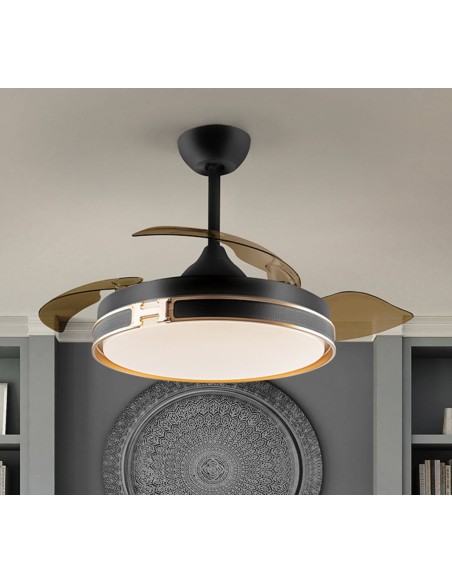VENTILADOR DE TETO SCHULLER HERON 107. Lâminas retráteis. PRETO E DOURADO