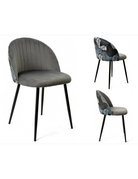 Cadeira JUNGLE, metal, estofamento em veludo cinza com encosto floral combinando