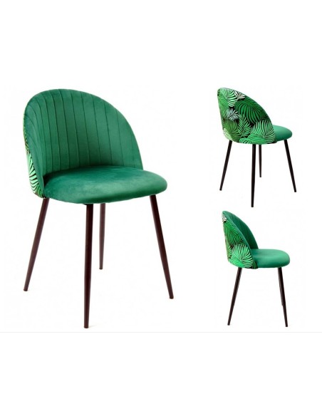 Cadeira JUNGLE, metal, estofamento em veludo verde com encosto floral combinando