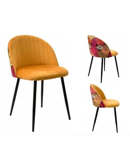 Cadeira JUNGLE, metal, estofamento em veludo amarelo com encosto floral combinando