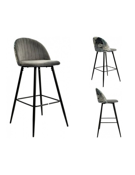 Taburete JUNGLE 75, metal, tapizado velvet gris con trasera floral a juego