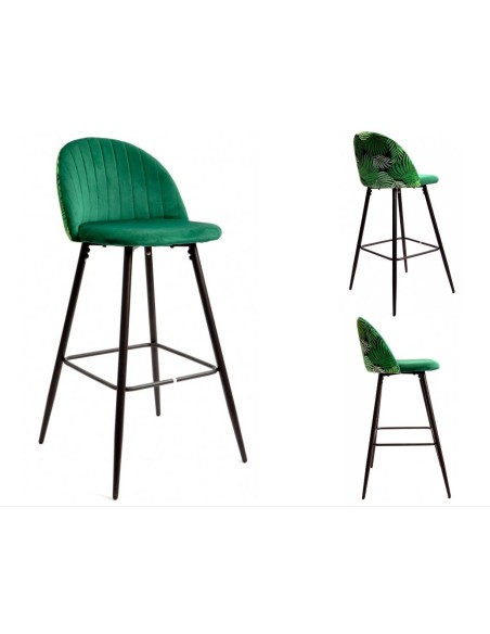 Taburete JUNGLE 75, metal, tapizado velvet verde con trasera floral a juego