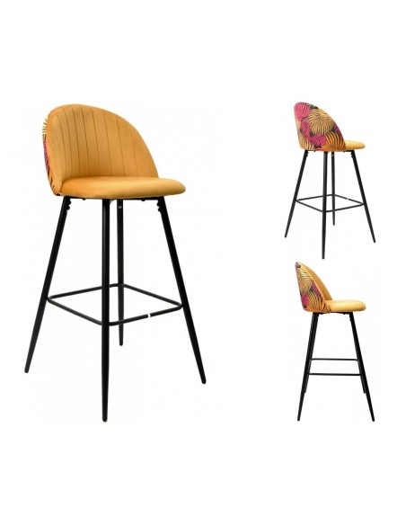 Taburete JUNGLE 75, metal, tapizado velvet amarillo con trasera floral a juego