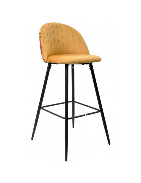 Taburete JUNGLE 75, metal, tapizado velvet amarillo con trasera floral a juego