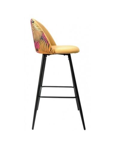 Taburete JUNGLE 75, metal, tapizado velvet amarillo con trasera floral a juego