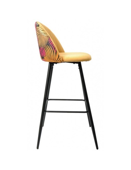 Taburete JUNGLE 75, metal, tapizado velvet amarillo con trasera floral a juego