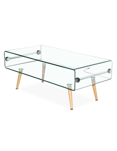 Mesa de café em vidro Roterdão 110x55, madeira de faia