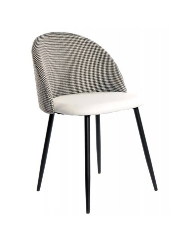 Cadeira de jantar TENA, estofada a pied-de-poule e imitação de pele branca. metal preto