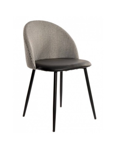 Cadeira de jantar TENA, estofada a pied-de-poule e imitação de pele branca. metal preto