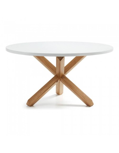 NORI Mesa Redonda de diseño 135cm.Estructura de roble, Sobre Lac.Blanco Puro