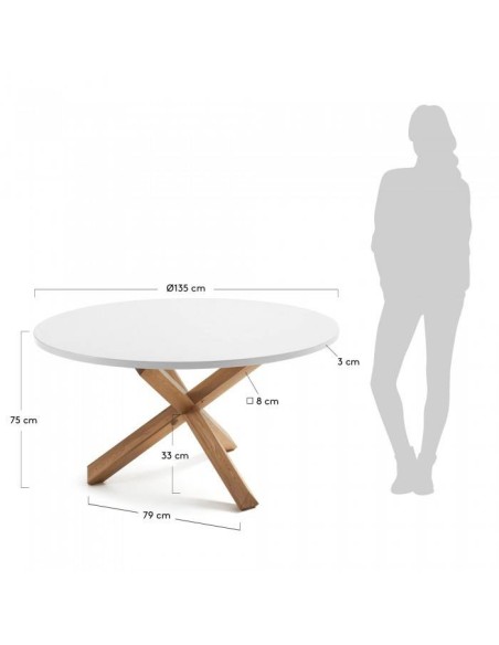 NORI Mesa Redonda de diseño 135cm.Estructura de roble, Sobre Lac.Blanco Puro