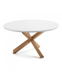 NORI Mesa Redonda de diseño 135cm.Estructura de roble, Sobre Lac.Blanco Puro