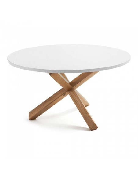 NORI Mesa Redonda de diseño 135cm.Estructura de roble, Sobre Lac.Blanco Puro
