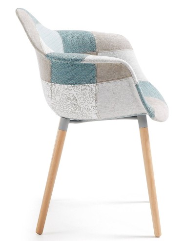 KENNA Silla brazos, madera natural, tejido patchwork azul