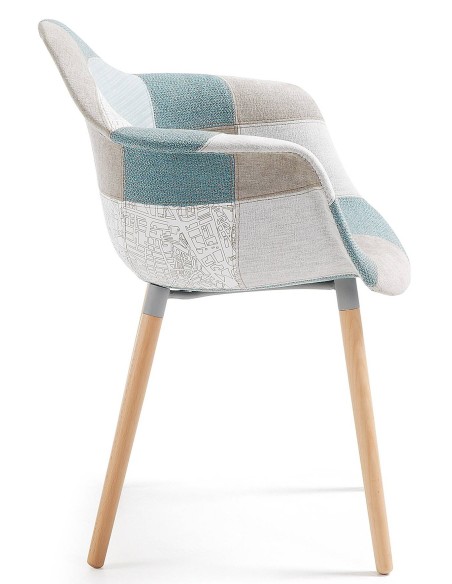 KENNA Silla brazos, madera natural, tejido patchwork azul