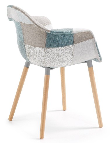KENNA Silla brazos, madera natural, tejido patchwork azul