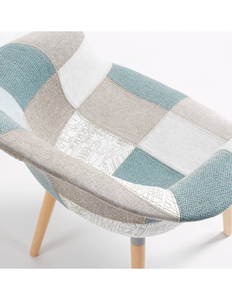 KENNA Silla brazos, madera natural, tejido patchwork azul