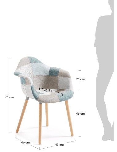 KENNA Silla brazos, madera natural, tejido patchwork azul