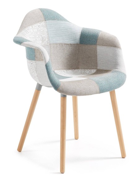 KENNA Silla brazos, madera natural, tejido patchwork azul