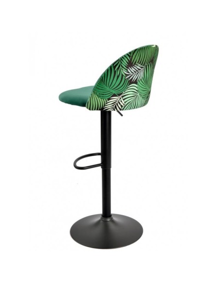 Taburete FLOWER, regulable, metal negro, tapizado velvet verde con trasera floral a juego