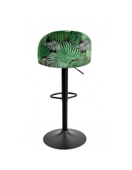 Taburete FLOWER, regulable, metal negro, tapizado velvet verde con trasera floral a juego
