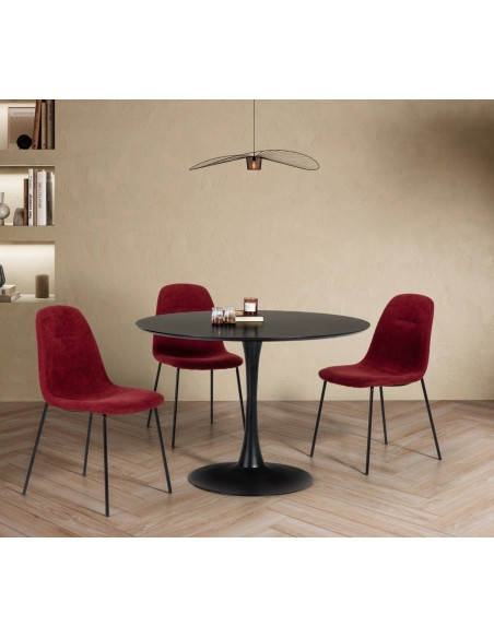 Mesa redonda Oda 110, base metal lacado negro, tapa DM lacado negro.