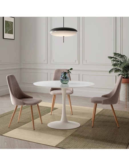 Mesa redonda Oda 110, base metal lacado en blanco, tapa DM lacado blanco.