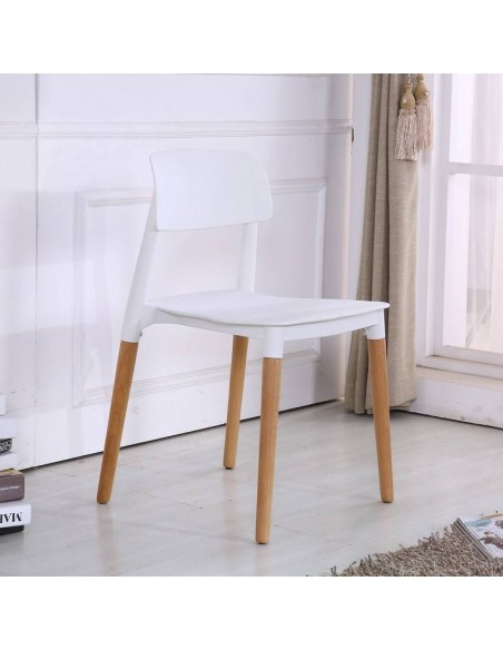 Silla de cocina nórdica CROC, polipropileno blanco y pies en madera natural