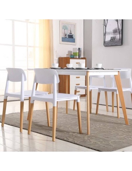 Silla de cocina nórdica CROC, polipropileno blanco y pies en madera natural