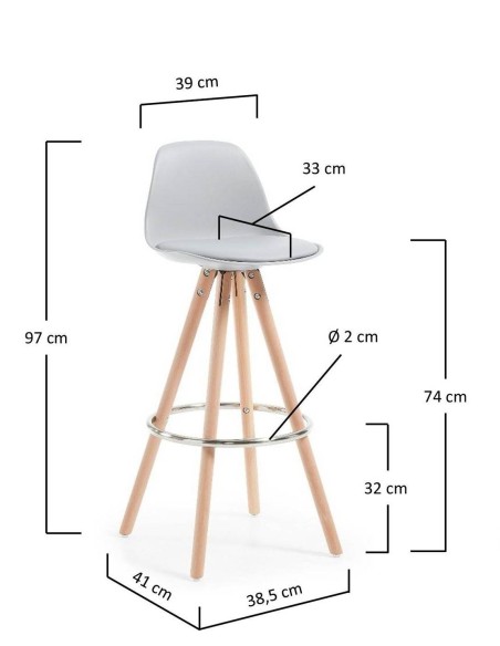 Taburete TOW 74 cm. Asiento tapizado blanco y madera de haya altura