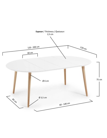 Mesa extensible redonda NORDIC 120(200)x120. MDF lacado blanco y patas madera haya