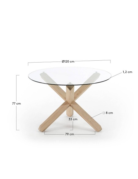 Mesa redonda de cristal LOTTO 120  y patas de madera roble