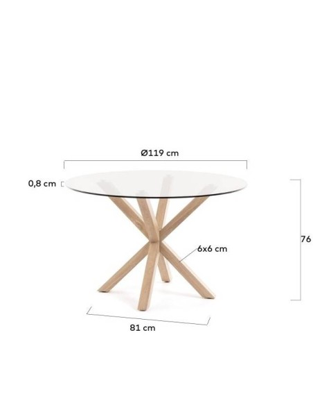 Mesa redonda de vidro Arya 120 cm. Pés de aço efeito madeira