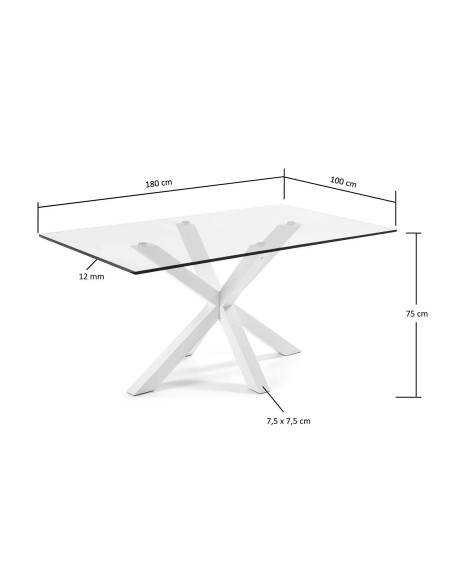 Mesa Arya de cristal 180 x 100 cm. Patas de acero acabado blanco