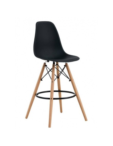 Taburete TOWER 71, base de madera y cuerpo de polipropileno negro