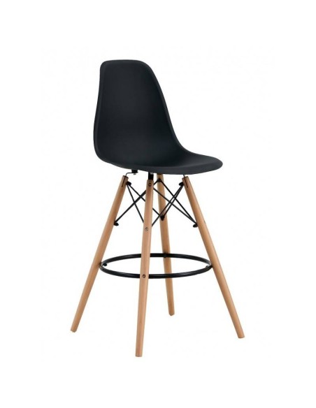 Taburete TOWER 71, base de madera y cuerpo de polipropileno negro
