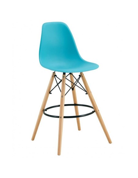 Taburete TOWER 71, base de madera y cuerpo de polipropileno turquesa