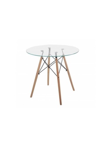 Mesa redonda de cristal TOWER 80, base madera y metal