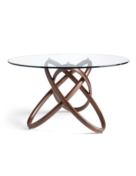 Mesa redonda Trivium diseño moderno, madera maciza, cristal templado.