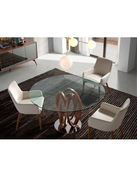 Mesa para comedor ATELIER, madera curvada,cristal templado, base de acero Mesa para comedor ATELIER, madera curvada,cristal templado, base de acero
