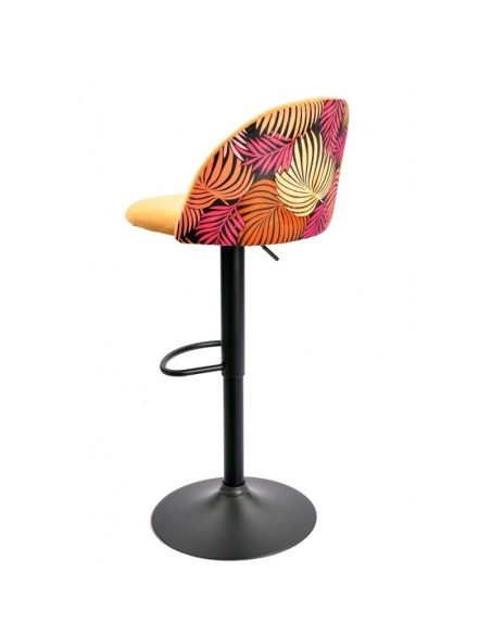 Taburete JUNGLE, regulable, metal negro, tapizado velvet amarillo con trasera floral