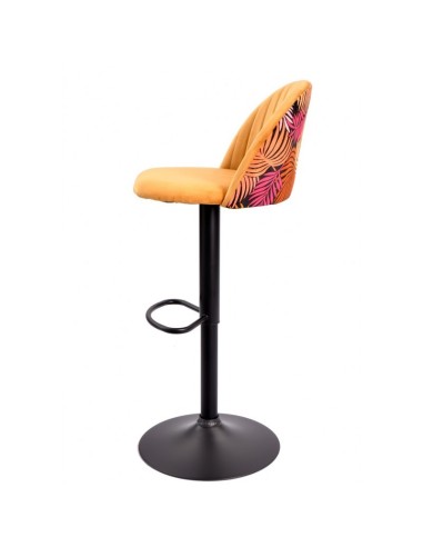 Taburete JUNGLE, regulable, metal negro, tapizado velvet amarillo con trasera floral