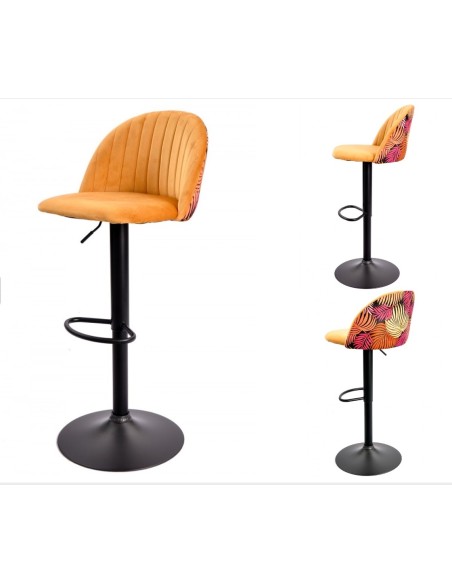 Taburete JUNGLE, regulable, metal negro, tapizado velvet amarillo con trasera floral