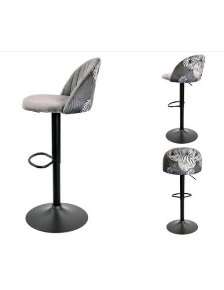 Taburete JUNGLE, regulable, metal negro, tapizado velvet gris con trasera floral